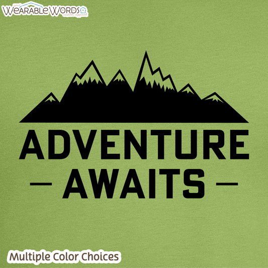 Adventure Awaits Mountain Print T-Shirt | Blue, Green, Pink, Red, Orange, Teal, or Tan Graphic Tee