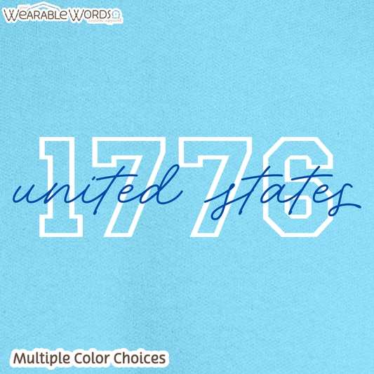 1776 United States Graphic Crewneck | Collegiate Cursive Blue & White Print | Unisex Sweatshirt