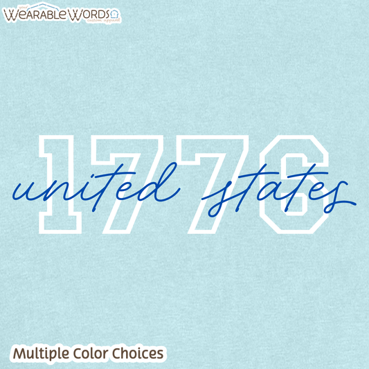 1776 United States Graphic Tee | Collegiate Cursive Blue & White Print | Women's Boxy T-Shirt