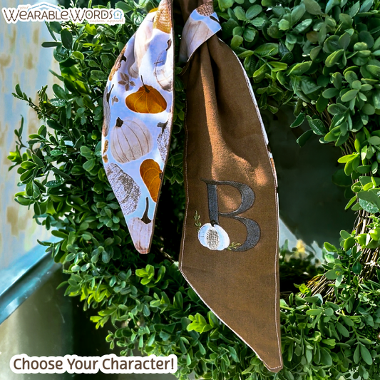 Custom Character Pumpkin Double-Sided Handmade Door & Wreath Sash | Brown Fall Pattern Cotton Fabric with Embroidered Lettering