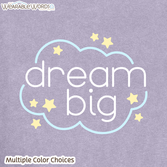 Dream Big Boxy T-Shirt | Pastel Cloud & Stars Print | Purple, Pink, Orange, or Grey Women's Graphic Tee