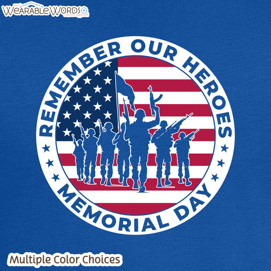 Remember Our Heroes Memorial Day Graphic Tee | American Flag Military Soldiers Circle Print | Unisex T-Shirt