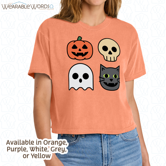 Halloween Characters Graphic Tee | Fun Vibrant Jack-o-Lantern Skeleton Ghost Black Cat Print | Women's Boxy T-Shirt
