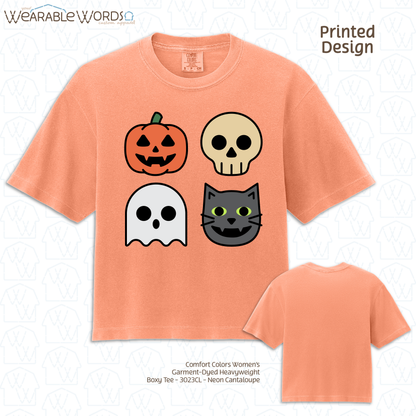 Halloween Characters Graphic Tee | Fun Vibrant Jack-o-Lantern Skeleton Ghost Black Cat Print | Women's Boxy T-Shirt