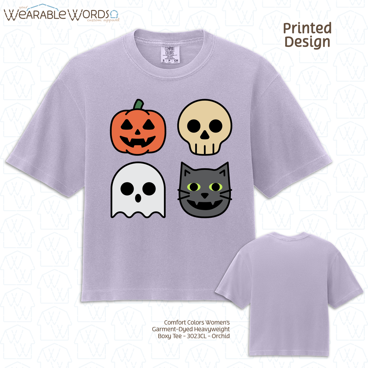 Halloween Characters Graphic Tee | Fun Vibrant Jack-o-Lantern Skeleton Ghost Black Cat Print | Women's Boxy T-Shirt