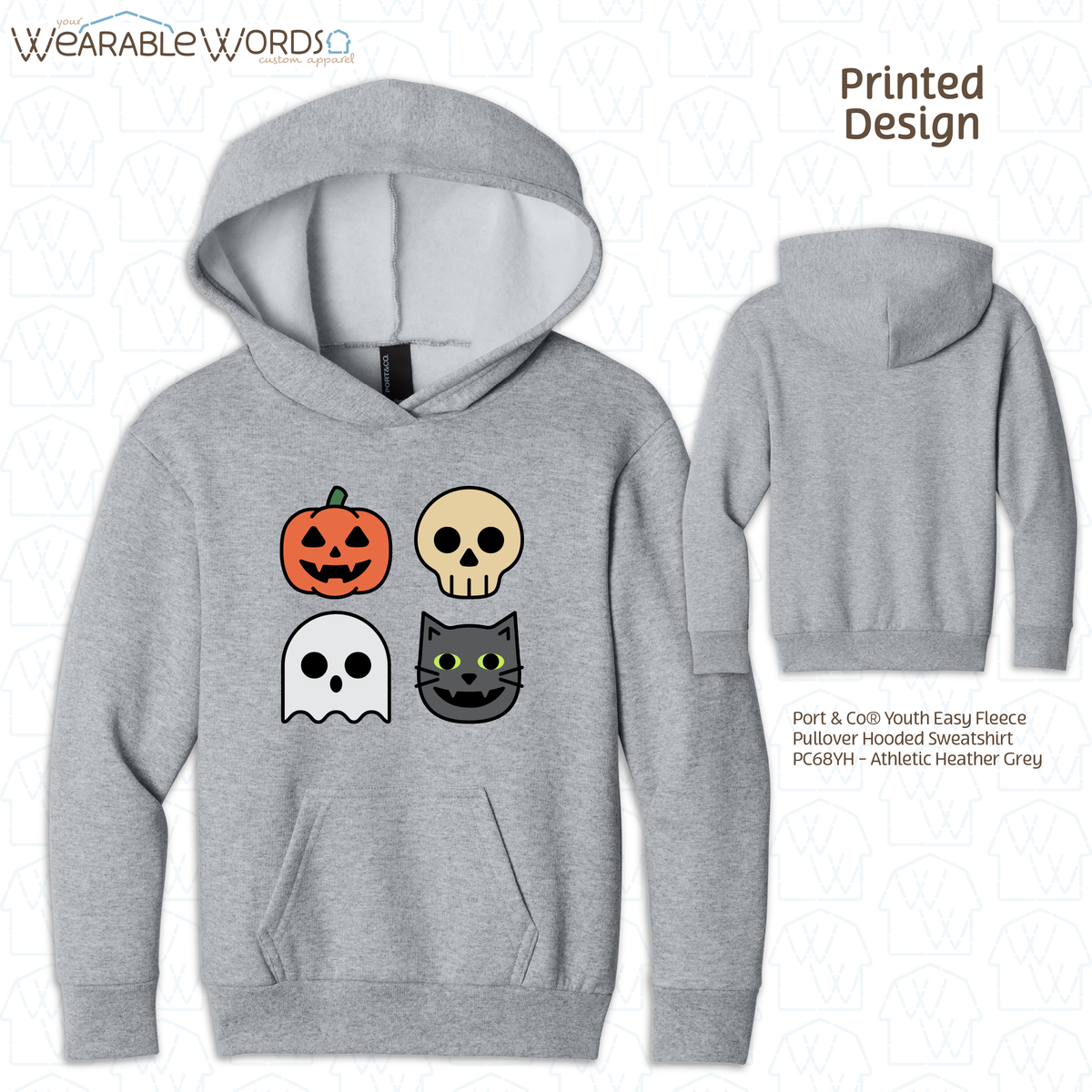 Halloween Characters Kids Graphic Hoodie | Fun Vibrant Jack-o-Lantern Skeleton Ghost Black Cat Children's Print | Unisex Youth Sweatshirt