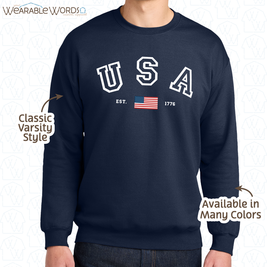 USA Varsity Crewneck | Established 1776 American Flag College Print | Unisex Sweatshirt