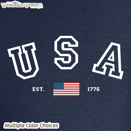 USA Varsity Crewneck | Established 1776 American Flag College Print | Unisex Sweatshirt