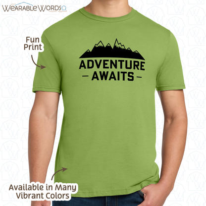 Adventure Awaits Graphic Tee | Vibrant Mountain Hiking Outdoors Print | Unisex T-Shirt