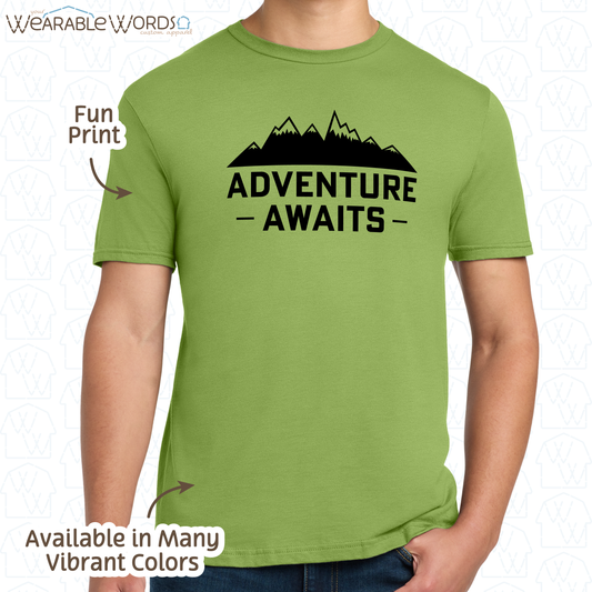 Adventure Awaits Mountain Print T-Shirt | Blue, Green, Pink, Red, Orange, Teal, or Tan Graphic Tee