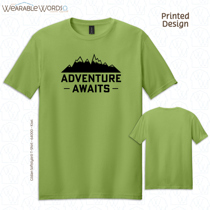 Adventure Awaits Graphic Tee | Vibrant Mountain Hiking Outdoors Print | Unisex T-Shirt