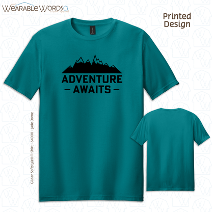 Adventure Awaits Graphic Tee | Vibrant Mountain Hiking Outdoors Print | Unisex T-Shirt