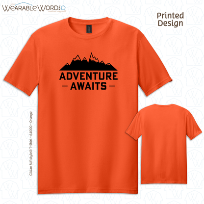 Adventure Awaits Graphic Tee | Vibrant Mountain Hiking Outdoors Print | Unisex T-Shirt
