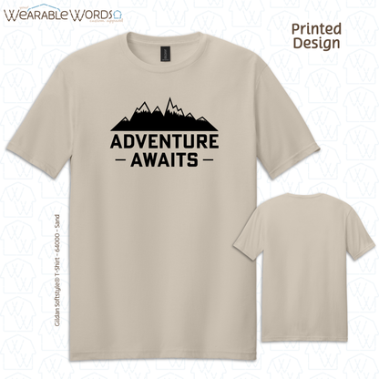 Adventure Awaits Graphic Tee | Vibrant Mountain Hiking Outdoors Print | Unisex T-Shirt