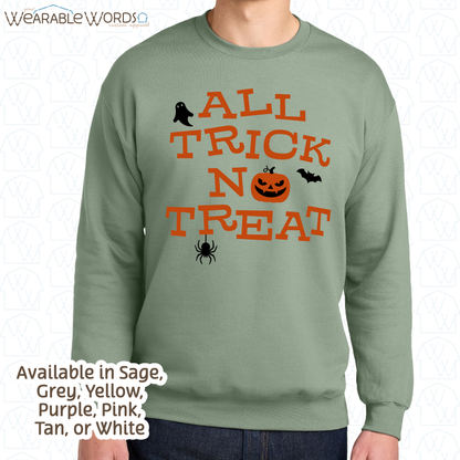 All Trick No Treat Graphic Crewneck | Vintage Halloween Spooky Fun Black & Orange Print | Unisex Sweatshirt