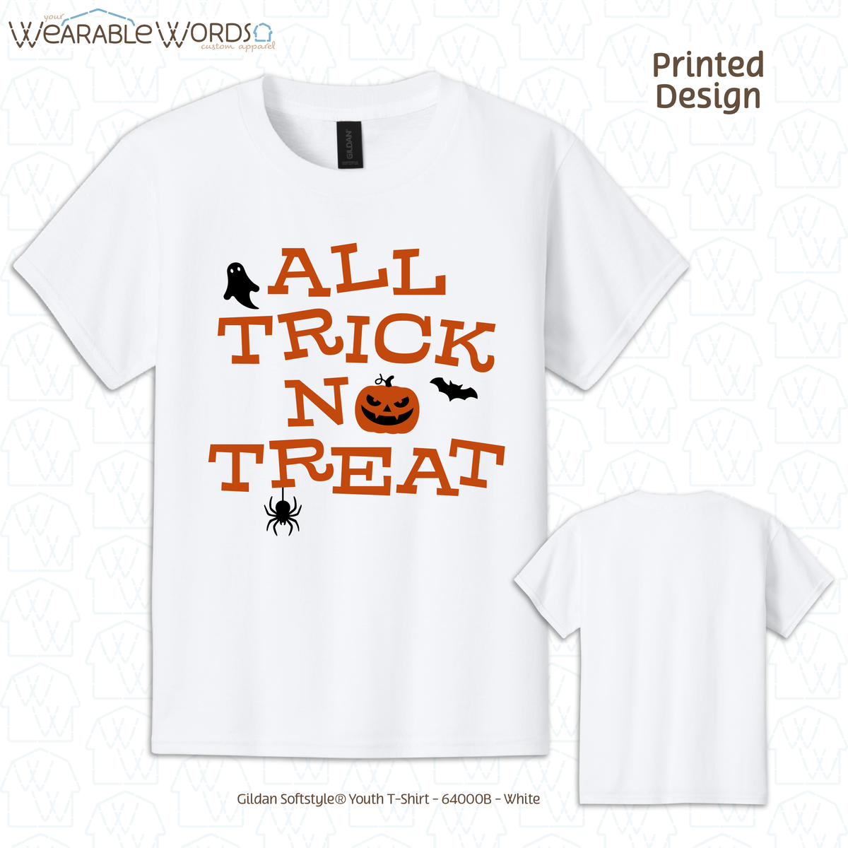 All Trick No Treat Kids Graphic Tee | Vintage Halloween Spooky Fun Children's Print | Unisex Youth T-Shirt