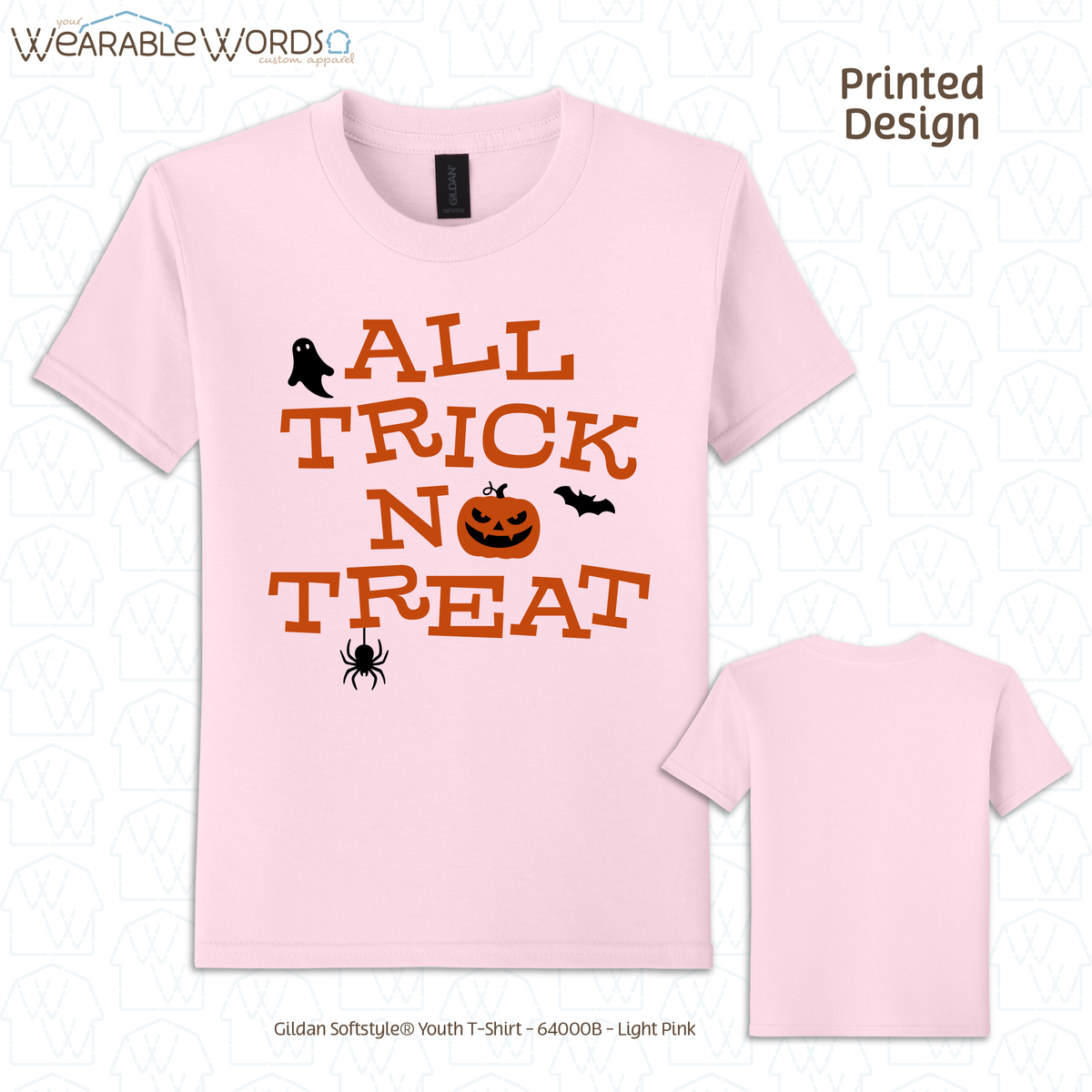 All Trick No Treat Kids Graphic Tee | Vintage Halloween Spooky Fun Children's Print | Unisex Youth T-Shirt