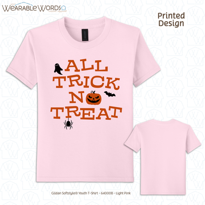 All Trick No Treat Kids Graphic Tee | Vintage Halloween Spooky Fun Children's Print | Unisex Youth T-Shirt