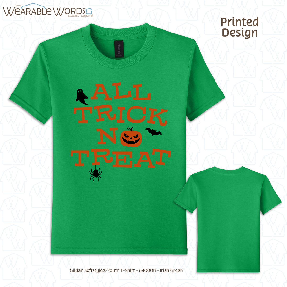 All Trick No Treat Kids Graphic Tee | Vintage Halloween Spooky Fun Children's Print | Unisex Youth T-Shirt