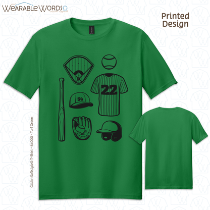 Baseball Doodles Graphic Tee | Ball Bat Jersey Field Mitt Black Print | Unisex T-Shirt