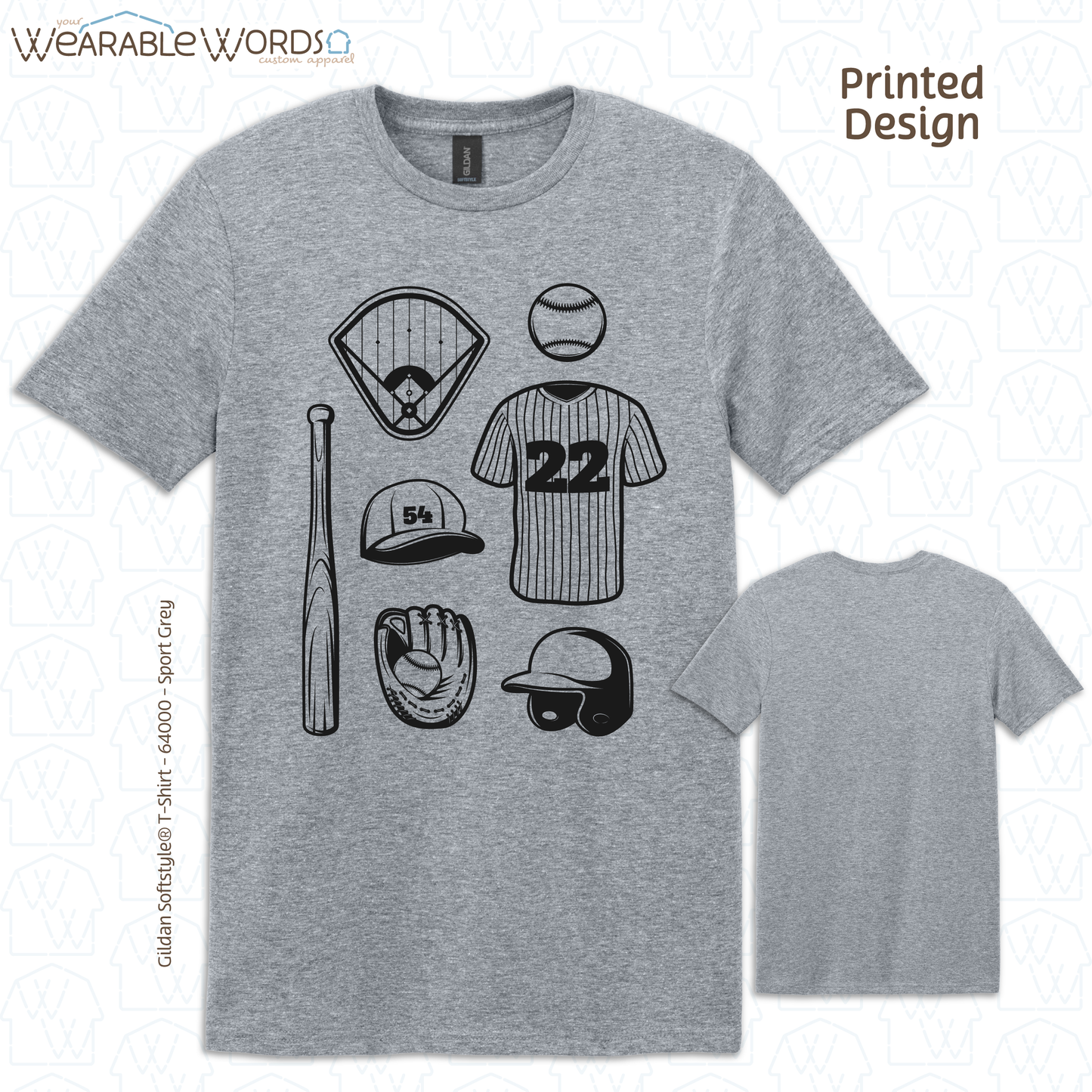 Baseball Doodles Graphic Tee | Ball Bat Jersey Field Mitt Black Print | Unisex T-Shirt