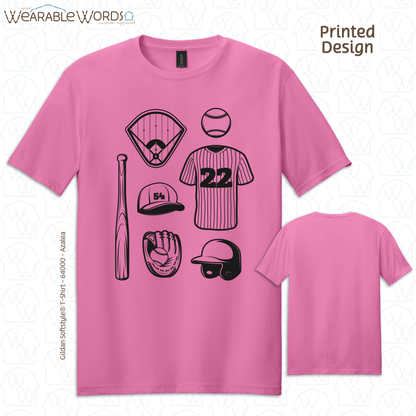 Baseball Doodles Graphic Tee | Ball Bat Jersey Field Mitt Black Print | Unisex T-Shirt