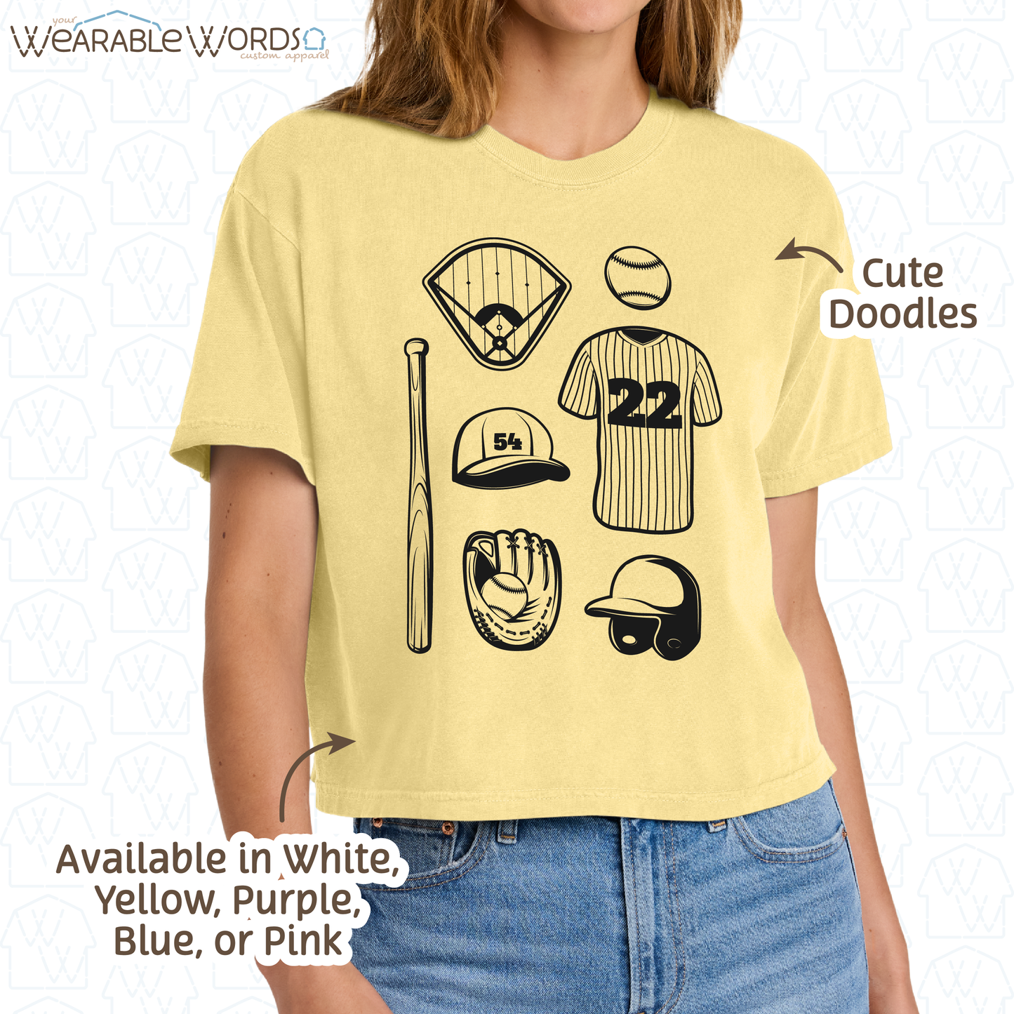Baseball Doodles Graphic Tee | Ball Bat Jersey Field Mitt Black Print | Women's Boxy T-Shirt