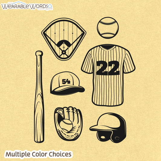 Baseball Doodles Graphic Tee | Ball Bat Jersey Field Mitt Black Print | Women's Boxy T-Shirt