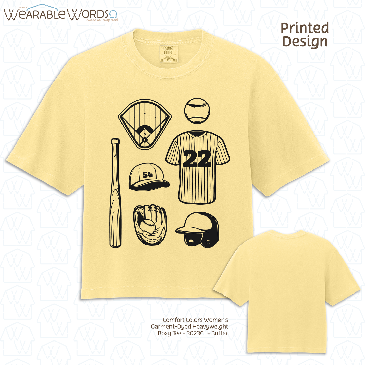 Baseball Doodles Graphic Tee | Ball Bat Jersey Field Mitt Black Print | Women's Boxy T-Shirt