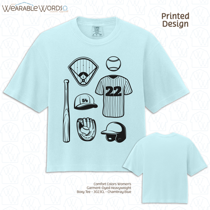 Baseball Doodles Graphic Tee | Ball Bat Jersey Field Mitt Black Print | Women's Boxy T-Shirt