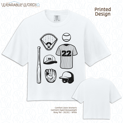 Baseball Doodles Graphic Tee | Ball Bat Jersey Field Mitt Black Print | Women's Boxy T-Shirt