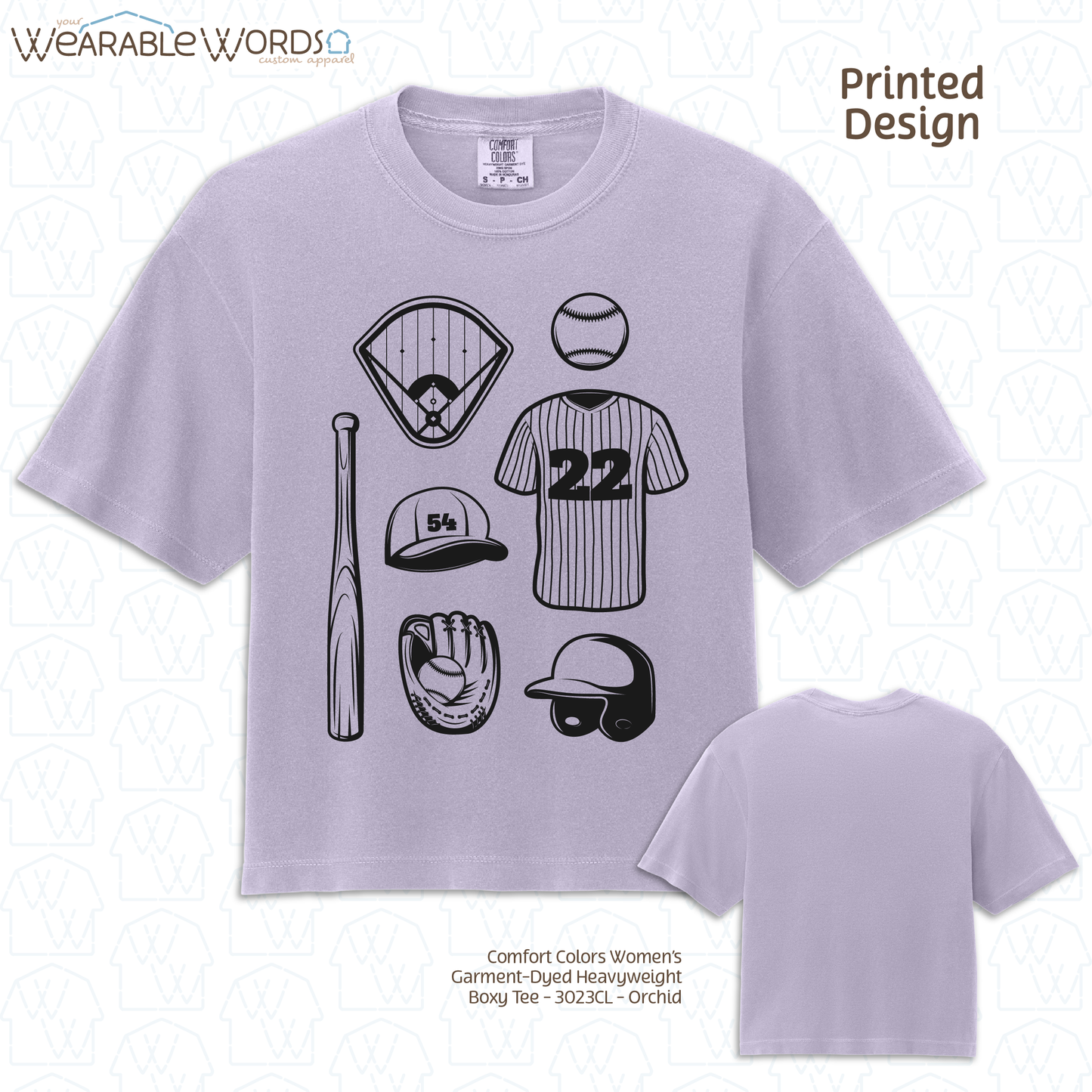 Baseball Doodles Graphic Tee | Ball Bat Jersey Field Mitt Black Print | Women's Boxy T-Shirt