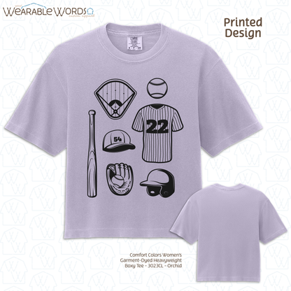 Baseball Doodles Graphic Tee | Ball Bat Jersey Field Mitt Black Print | Women's Boxy T-Shirt