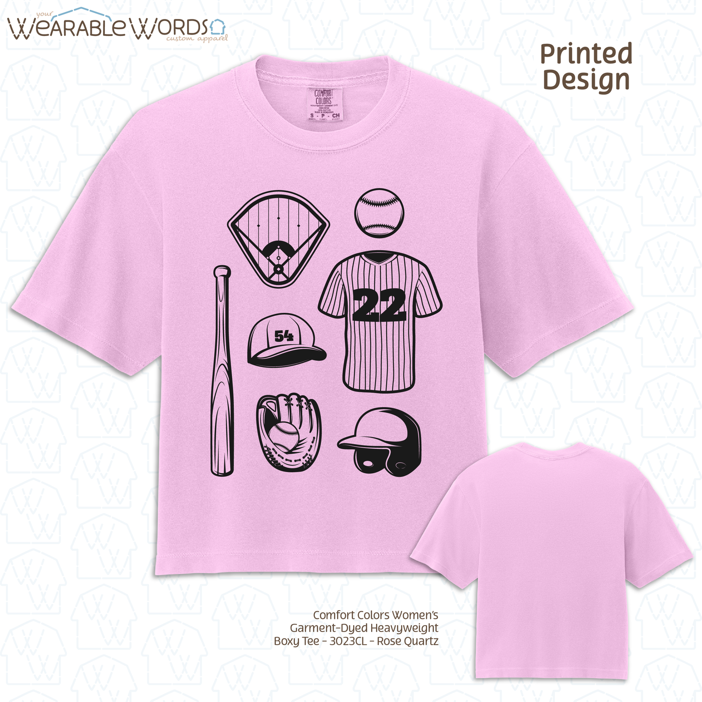 Baseball Doodles Graphic Tee | Ball Bat Jersey Field Mitt Black Print | Women's Boxy T-Shirt