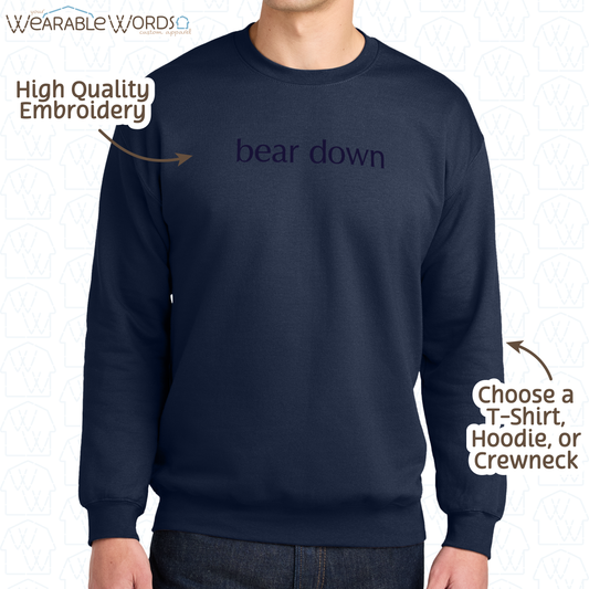 Bear Down Embroidered Navy Blue Design | T-Shirt, Crewneck, Hoodie | Illinois Chicago Bears