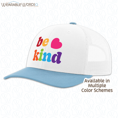 Be Kind Graphic Hat | Colorful Cute Rainbow Heart Print | Unisex Mesh Snapback