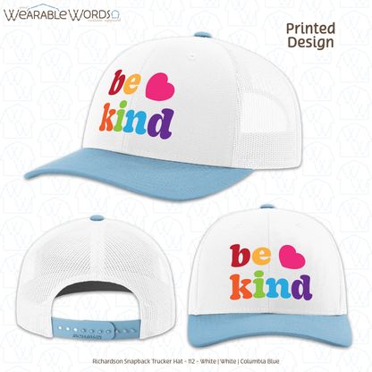 Be Kind Graphic Hat | Colorful Cute Rainbow Heart Print | Unisex Mesh Snapback
