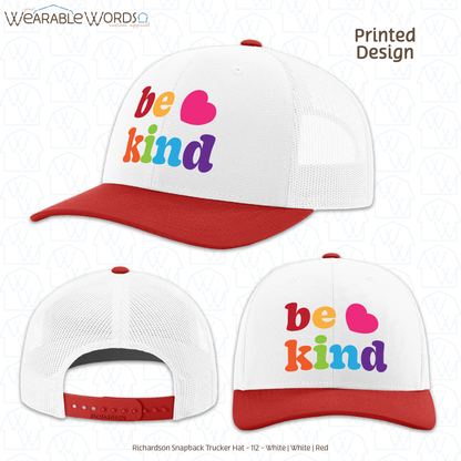 Be Kind Graphic Hat | Colorful Cute Rainbow Heart Print | Unisex Mesh Snapback