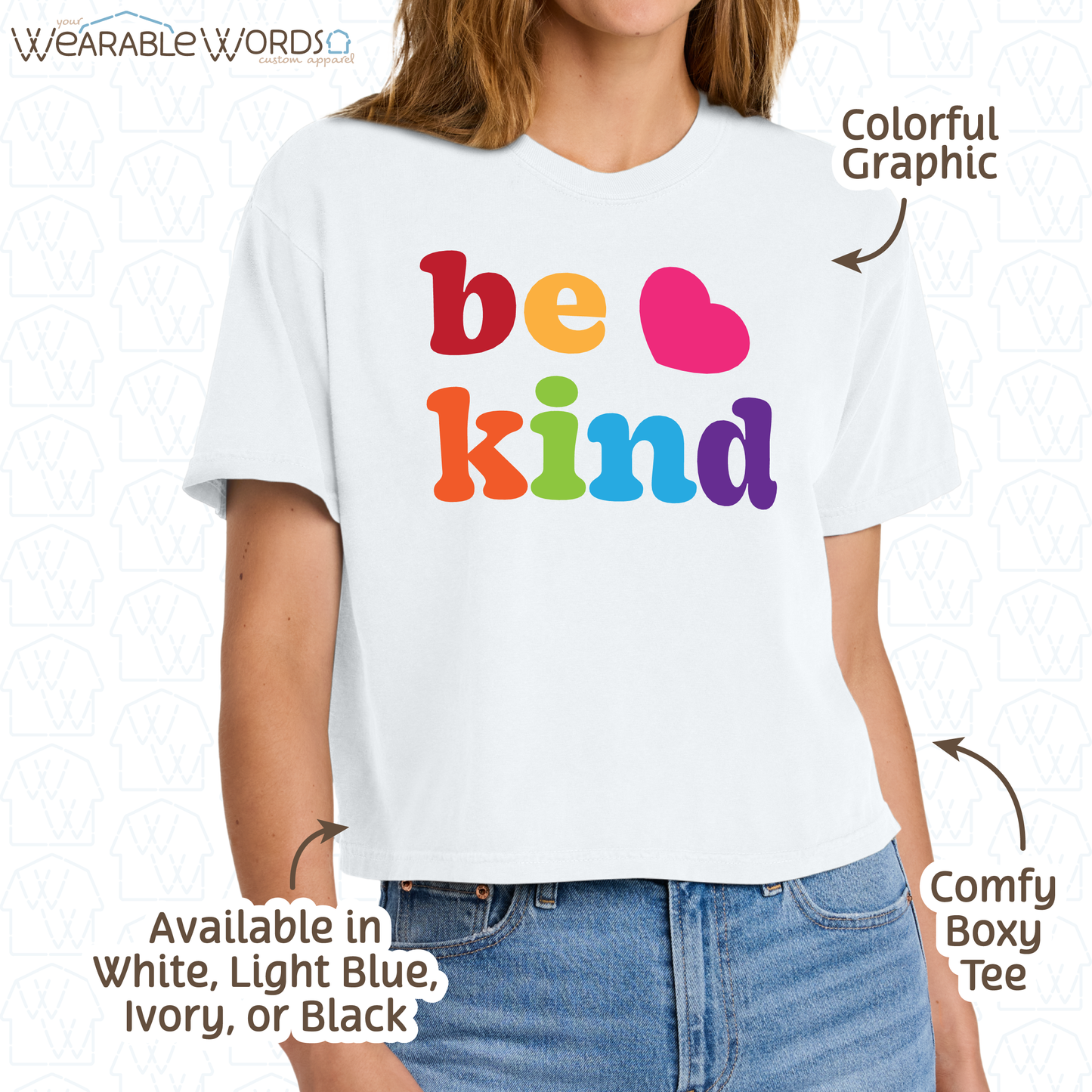 Be Kind Graphic Tee | Colorful Cute Rainbow Heart Print | Women's Boxy T-Shirt