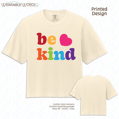 Be Kind Graphic Tee | Colorful Cute Rainbow Heart Print | Women's Boxy T-Shirt