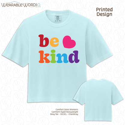 Be Kind Graphic Tee | Colorful Cute Rainbow Heart Print | Women's Boxy T-Shirt