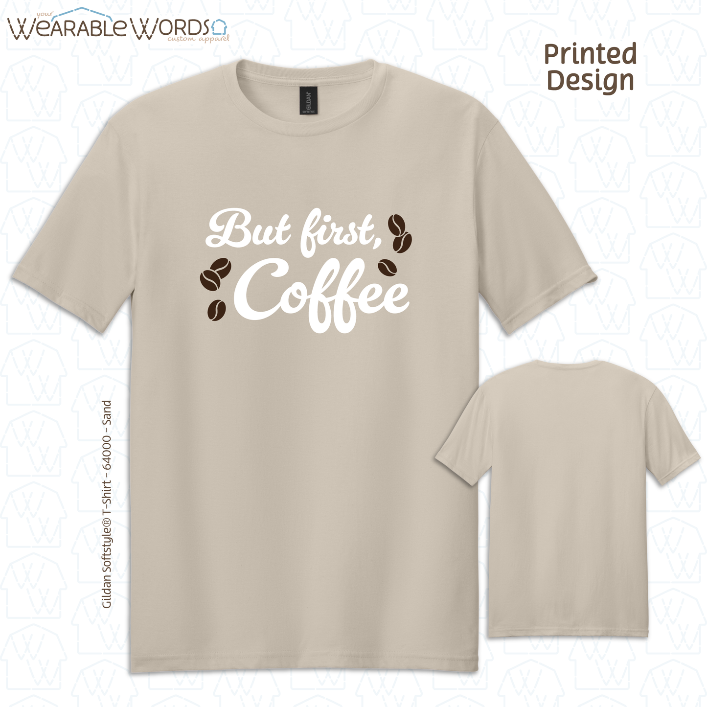But First Coffee Graphic Tee | Simple Cursive Espresso Beans Print | Unisex T-Shirt
