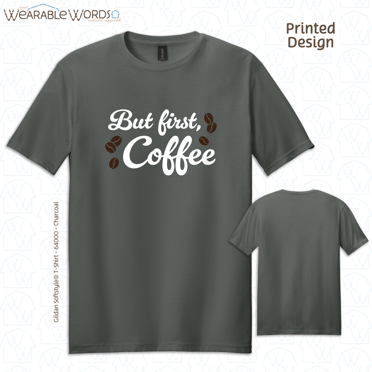 But First Coffee Graphic Tee | Simple Cursive Espresso Beans Print | Unisex T-Shirt