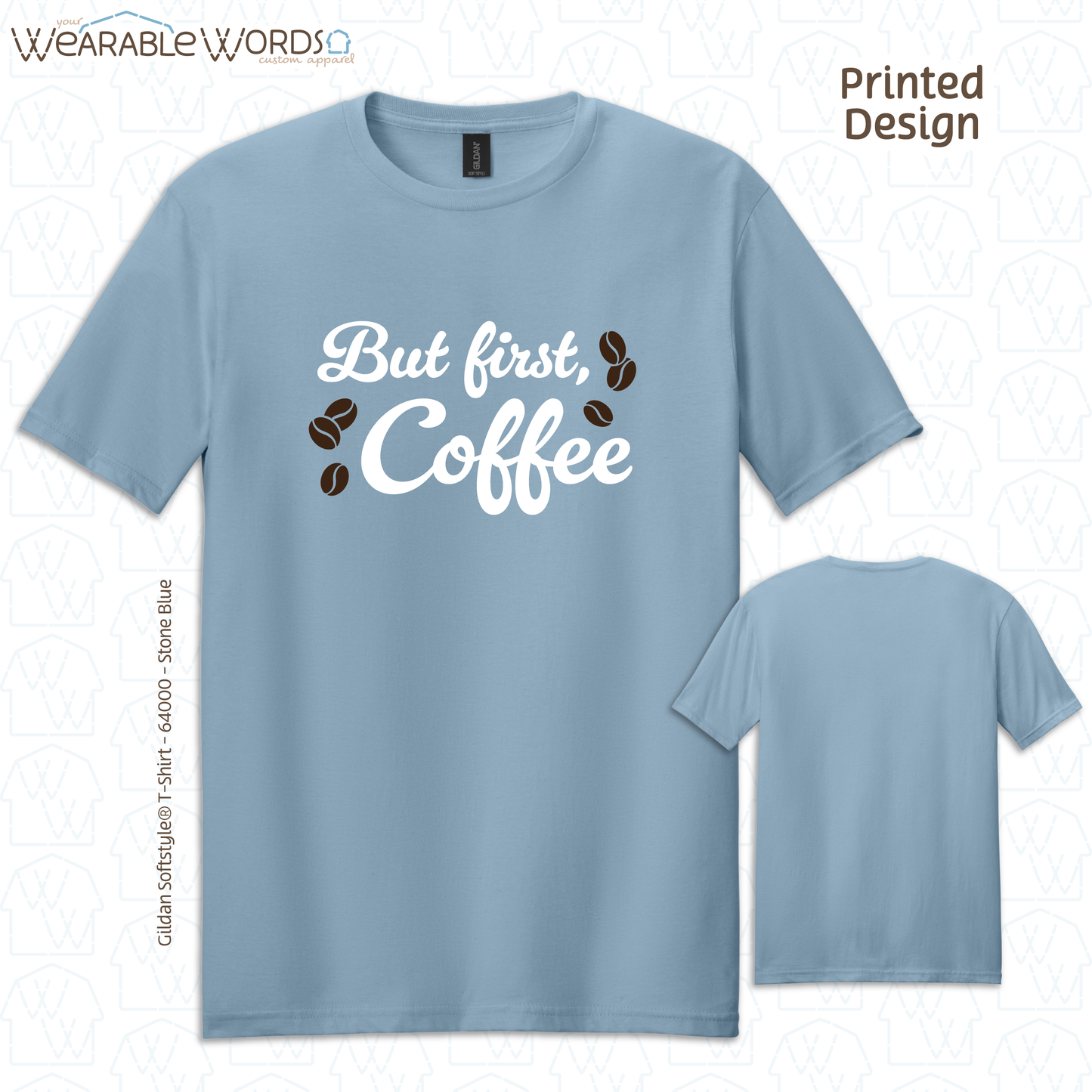But First Coffee Graphic Tee | Simple Cursive Espresso Beans Print | Unisex T-Shirt