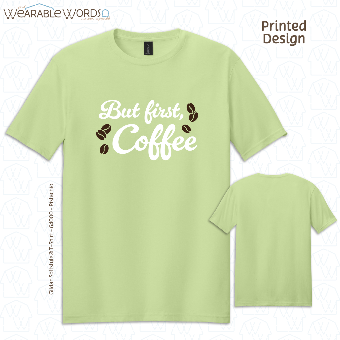 But First Coffee Graphic Tee | Simple Cursive Espresso Beans Print | Unisex T-Shirt