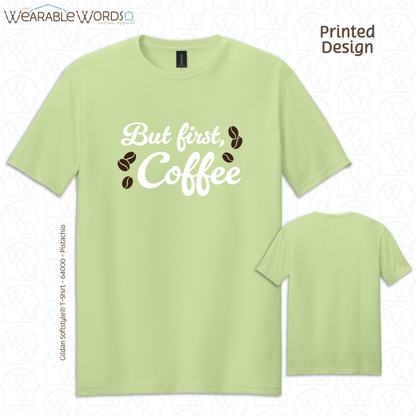 But First Coffee Graphic Tee | Simple Cursive Espresso Beans Print | Unisex T-Shirt