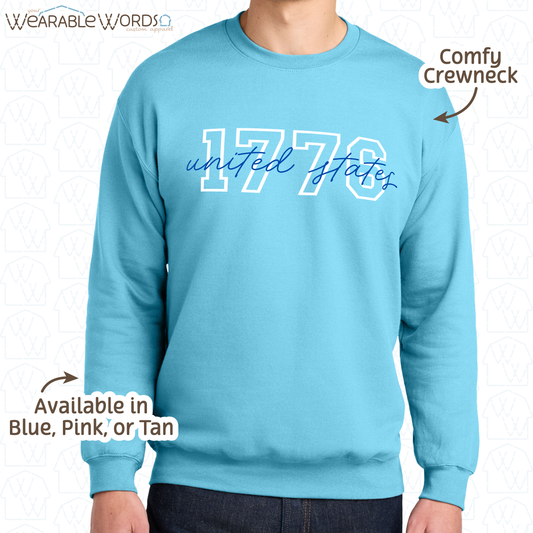 1776 United States Graphic Crewneck | Collegiate Cursive Blue & White Print | Unisex Sweatshirt