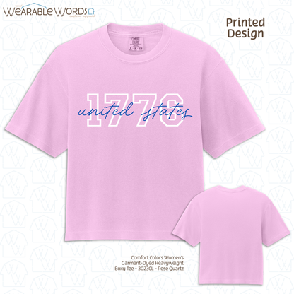 1776 United States Graphic Tee | Collegiate Cursive Blue & White Print | Women's Boxy T-Shirt