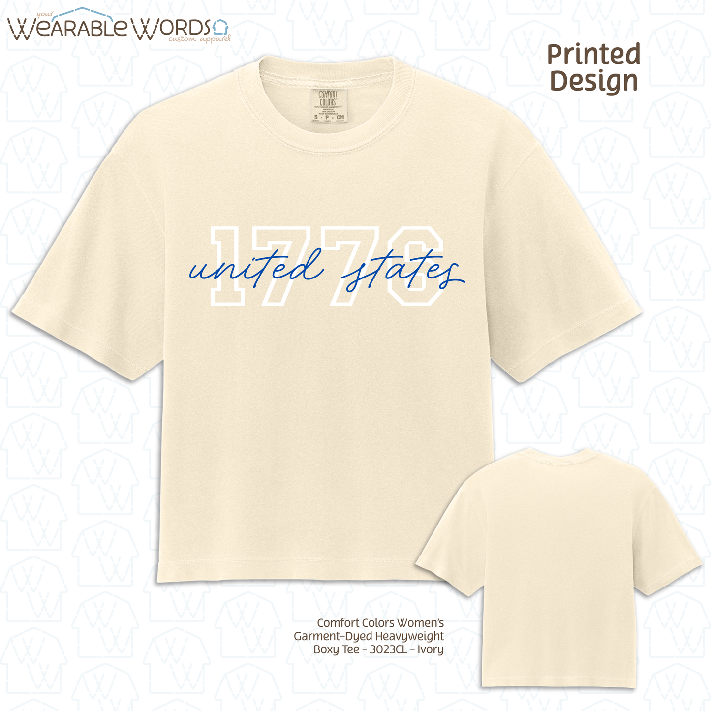 1776 United States Graphic Tee | Collegiate Cursive Blue & White Print | Women's Boxy T-Shirt