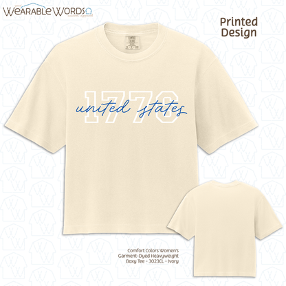 1776 United States Graphic Tee | Collegiate Cursive Blue & White Print | Women's Boxy T-Shirt